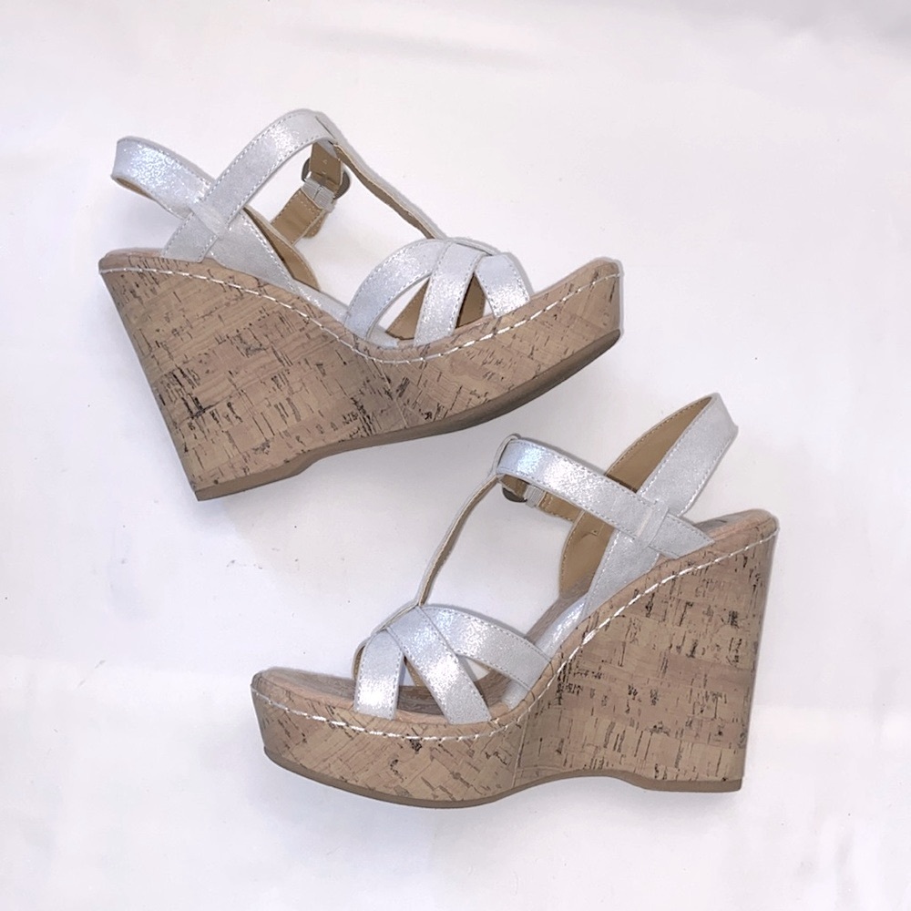 Born Concept b.o.c. silver cork platform wedge sandals 8M